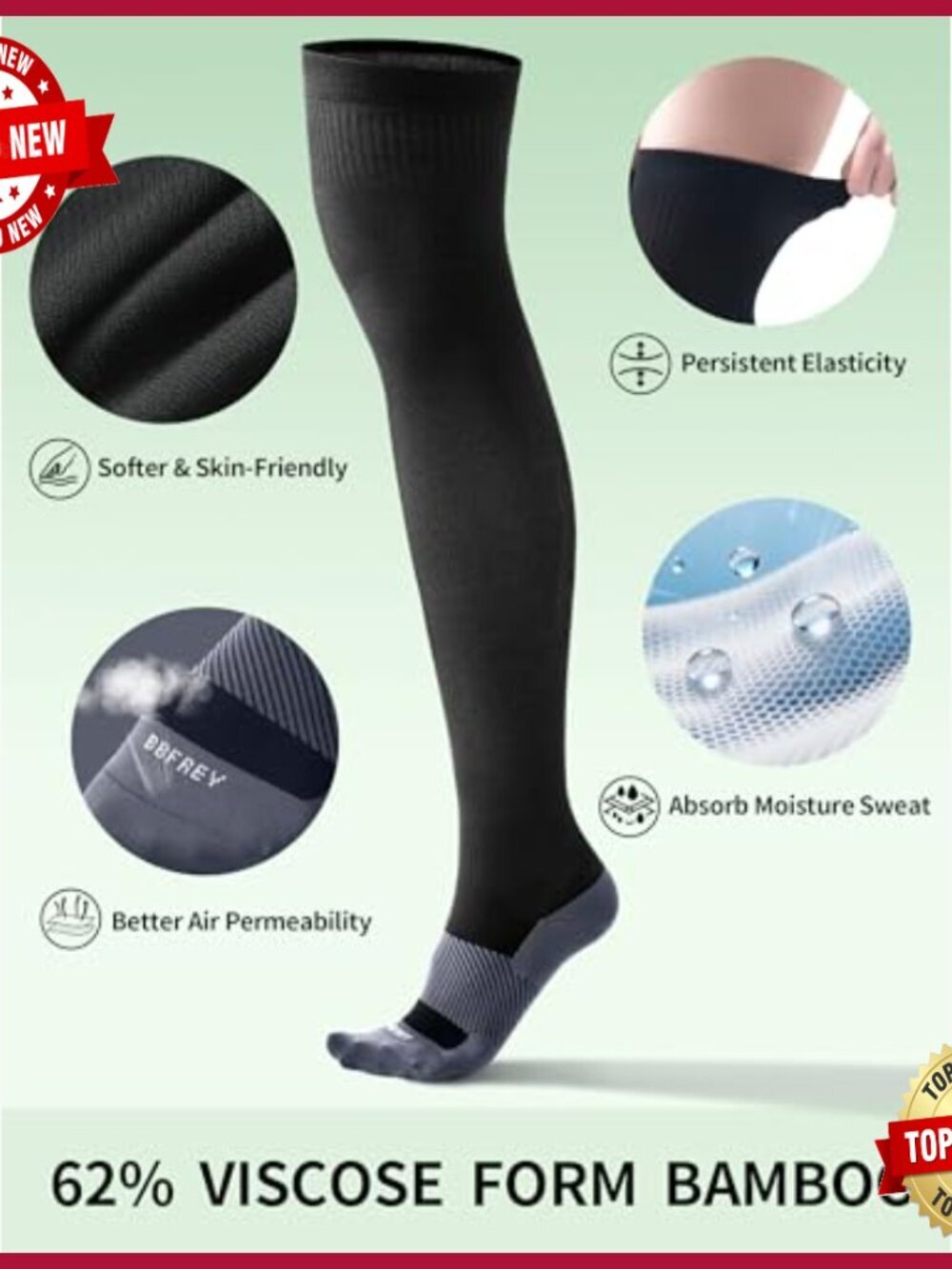 Bamboo Viscose Compression Socks Over Knee 15-20 mmHg Grip Top - Picture 4 of 7